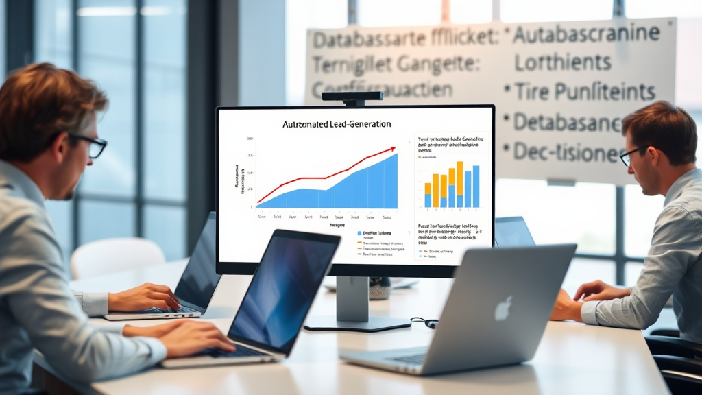 Ein modernes Büro mit Mitarbeitern, die an Laptops arbeiten. Auf dem Bildschirm eines Laptops wird ein Diagramm zur automatisierten Lead-Generierung angezeigt. Grafiken zeigen steigende Effizienz und produktivere Arbeitsabläufe. Im Hintergrund sind Notizen über datenbasierte Entscheidungen sichtbar.