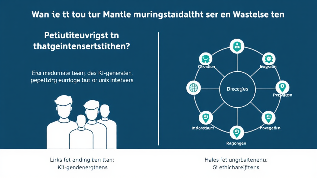 Ein Grafikdesign zeigt bewährte Praktiken zur Nutzung von KI in der Inhaltserstellung. Links visualisiert ein menschliches Team, das KI-generierte Texte überprüft, während ein Diagramm rechts die Vorteile der Integration von KI-Tools in den Workflow darstellt. Sicherheitssymbole verdeutlichen die Notwendigkeit für Markenstandards und ethische Richtlinien.