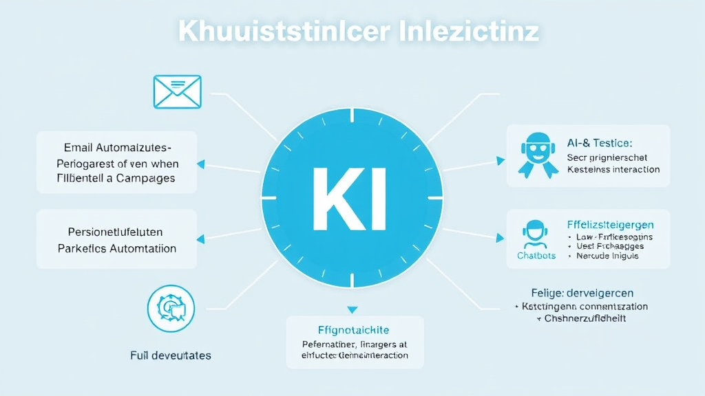 Ein grafisches Konzept zeigt die Vorteile von Künstlicher Intelligenz in der Marketingautomatisierung. Im Mittelpunkt steht ein KI-Symbol, umgeben von Icons für E-Mail-Automatisierung, A/B-Tests, personalisierte Kampagnen und Chatbots. Pfeile verdeutlichen die Effizienzsteigerung und verbesserte Kundeninteraktion, während Diagramme die Wirkung auf Kundenzufriedenheit hervorheben.