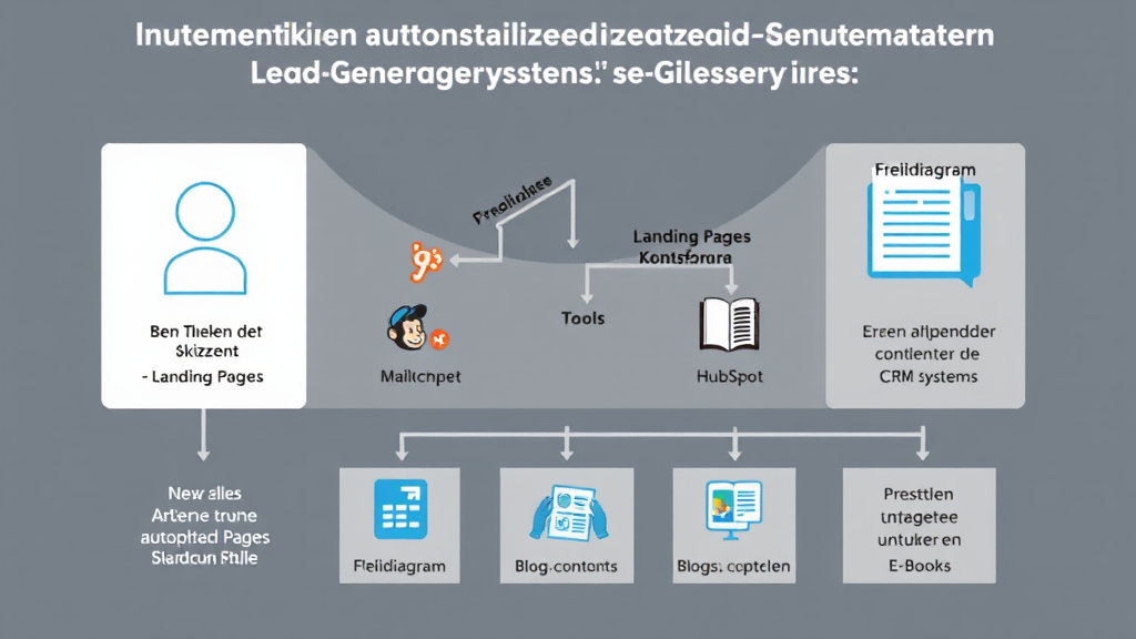 Ein Infografik zeigt die Schritte zur Implementierung eines automatisierten Lead-Generierungssystems. Oben wird die Zielgruppe skizziert, gefolgt von Symbolen für Landing Pages und Kontaktformulare. Tools wie Mailchimp und HubSpot sind abgebildet, während ein Pfeildiagramm die Integration in CRM-Systeme verdeutlicht. Unten wird die Erstellung ansprechender Inhalte thematisiert, unterstützt durch Grafiken von Blogs und E-Books.