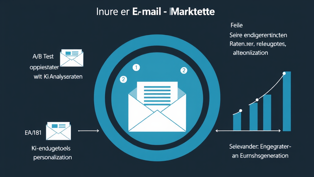 Ein grafisches Konzept zeigt die langfristige Strategie im E-Mail-Marketing. In der Mitte steht eine Darstellung von E-Mails mit ansteigenden Öffnungsraten. Umgeben von Symbolen für A/B-Tests, KI-Analysetools und Personalisierung verdeutlicht es die Relevanz kontinuierlicher Anpassungen. Pfeile zeigen auf steigende Engagement-Raten und Umsatzgeneration.