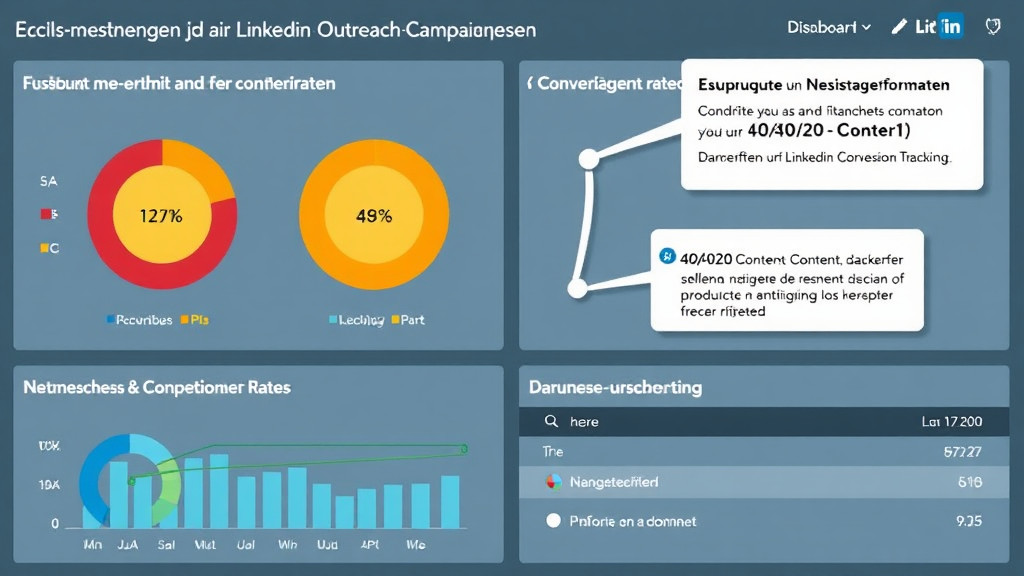 Ein grafisches Dashboard zeigt Erfolgsmessungen und Optimierungen für LinkedIn-Outreach-Kampagnen. Diagramme veranschaulichen KPIs wie Antwortquote und Conversion Rate. In der Ecke sind Notizen zur Anpassung von Nachrichtenformaten und zur 40/40/20-Content-Strategie platziert. Darunter befindet sich ein Abschnitt zur Nutzung von LinkedIn Conversion Tracking.