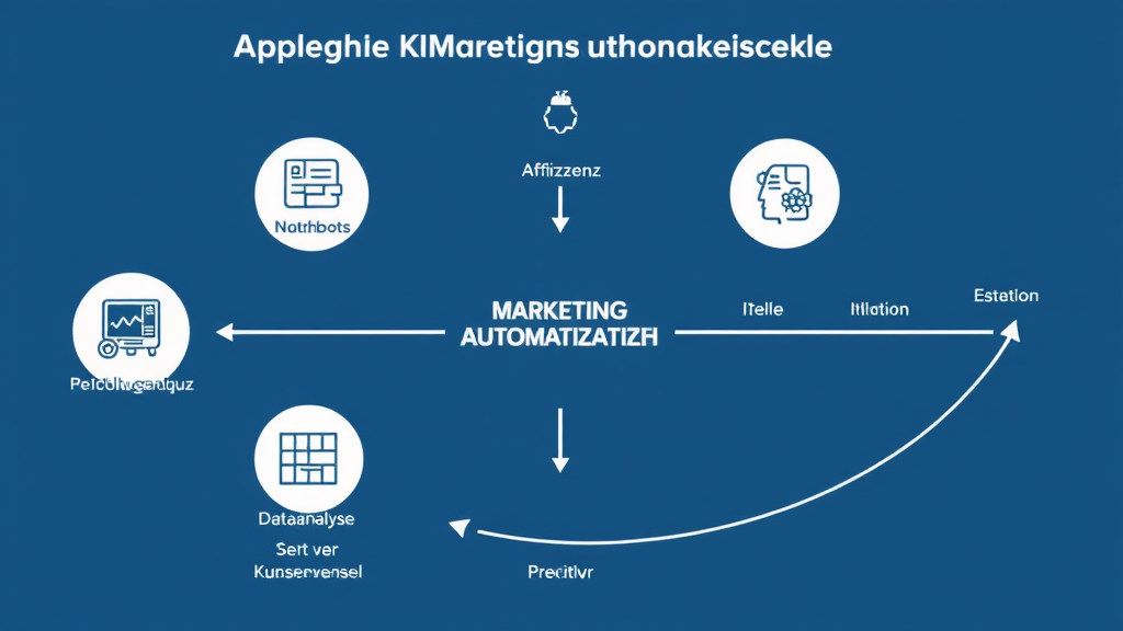 Ein grafisches Diagramm zeigt die Anwendung von KI in der Marketingautomatisierung. Es illustriert Bereiche wie Personalisierung, Datenanalyse und den Einsatz von Chatbots. Icons symbolisieren Effizienz, Kundenerlebnis und Predictive Analytics, während Pfeile die Iteration und den Fortschritt visualisieren.