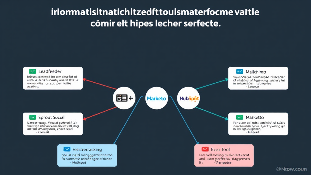 Ein grafischer Vergleich von Automatisierungstools zur Lead-Generierung. In der Mitte stehen Symbole für Leadfeeder, Sprout Social, Mailchimp, Marketo und HubSpot, jeweils mit kurzen Beschreibungstexten. Um die Tools gruppieren farbige Diagramme, die ihre Hauptfunktionen wie Besuchertracking, Social-Media-Management und E-Mail-Automatisierung illustrieren.
