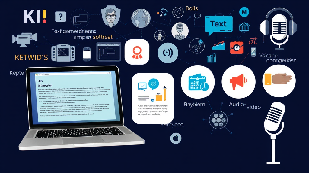 Eine Collage von KI-gestützten Tools zeigt verschiedene Anwendungen der Inhaltserstellung. Oben links steht ein Laptop mit Textgenerierungssoftware, daneben Grafiken von Bildgenerierungstools. Unten sind Symbole für Audio- und Videoerstellung abgebildet. Der Hintergrund enthält Illustrationen von Keywords, Grafiken und Mikrofonen, die die Vielfalt und Effizienz dieser Technologien verdeutlichen.