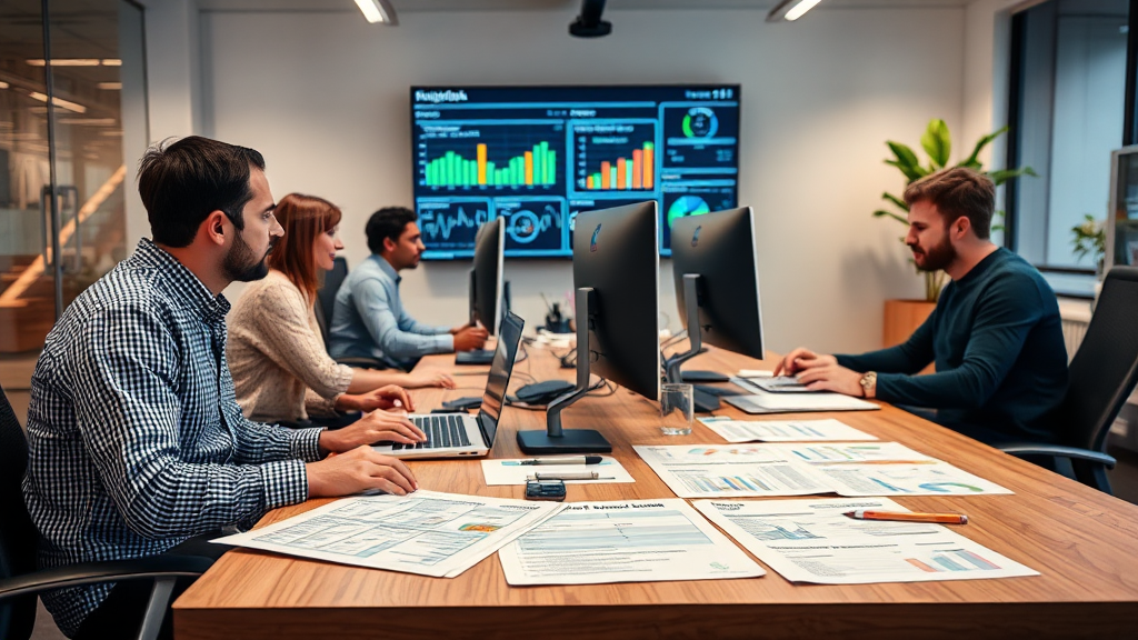 Ein Bild zeigt ein modernes Büro mit einem Team, das an Computern arbeitet und Automatisierungstechnologien für Kundenbindung nutzt. Ein Bildschirm im Hintergrund visualisiert Daten zu Kundenfeedback und E-Mail-Kampagnen. Auf einem Tisch sind Notizblätter mit Statistiken und Strategien zur Kundenloyalität zu sehen.