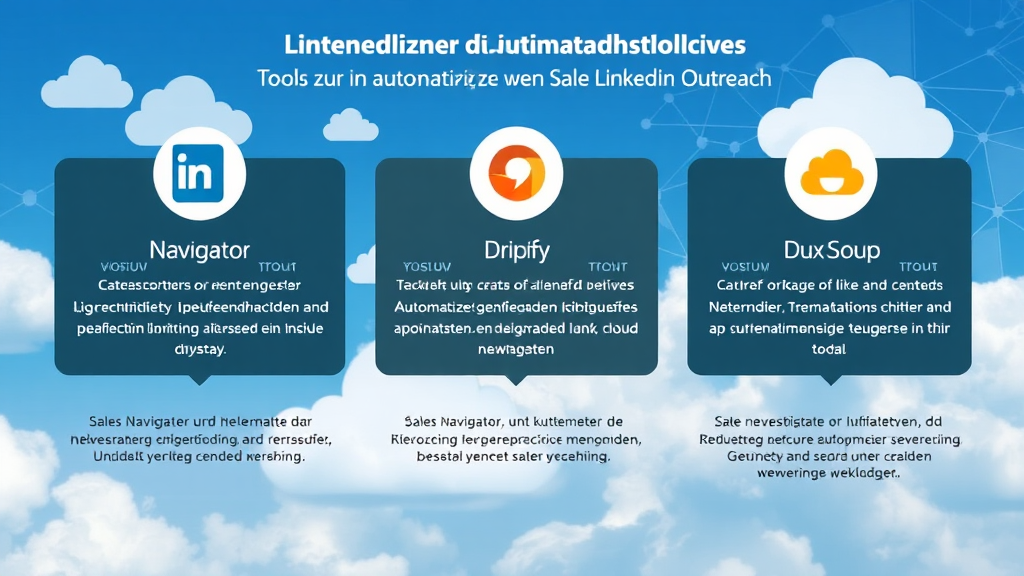 Ein Screenshot zeigt verschiedene Tools zur Automatisierung von LinkedIn Outreach, darunter Sales Navigator, Dripify und Dux-Soup. Jedes Tool ist mit Icons und kurzen Beschreibungen versehen, die ihre speziellen Funktionen hervorheben, wie Zielgruppenerfassung und Automatisierung von Nachrichten. Im Hintergrund sind Grafiken von Wolken und digitalen Netzwerken zu sehen, symbolisierend die Vorteile cloud-basierter Lösungen.