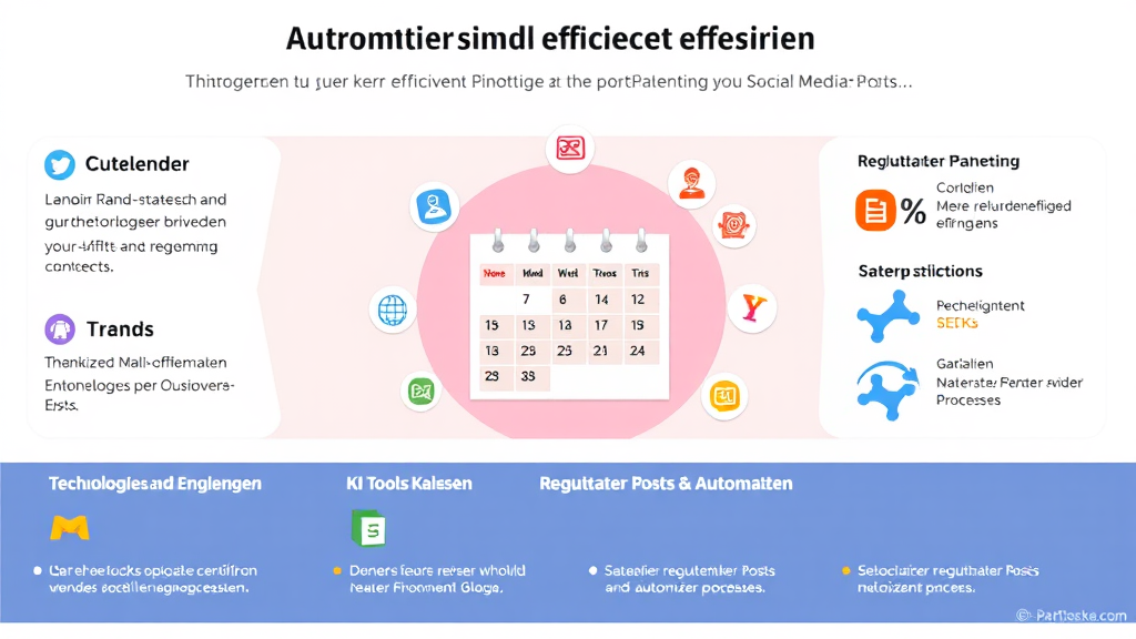 Ein grafisches Konzept zeigt Strategien zur effektiven Planung von Social Media-Posts. In der Mitte steht ein Inhalte-Kalender, umgeben von Symbolen für Inhalte, Trends und Engagement. Technologien und KI-Tools sind am Rand platziert, um deren Unterstützung bei der Planung zu verdeutlichen. Farbcodierte Statistiken illustrieren die Vorteile regelmäßiger Posts und automatisierter Prozesse.