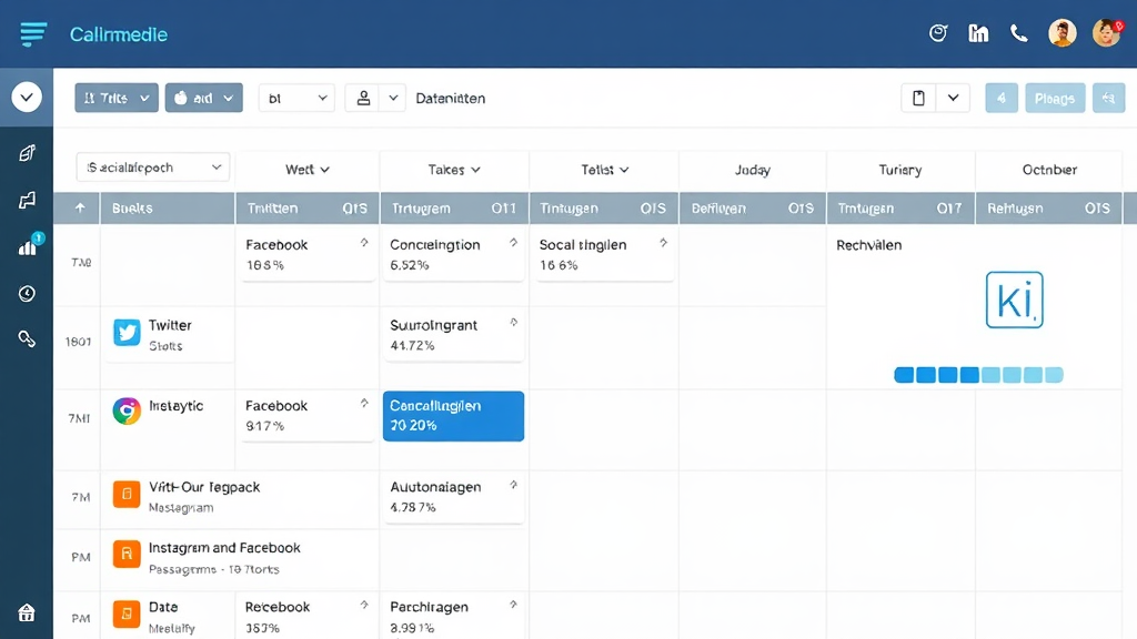 Ein Screenshot zeigt ein Social Media-Planungstool mit einem Kalender, in dem Posts für verschiedene Plattformen wie Twitter, Instagram und Facebook eingeplant sind. Oben sind Statistiken zu Engagement und Reichweite zu sehen. Symbole für Analytics und KI-Tools verdeutlichen die Wichtigkeit von Datenanalyse und Automatisierung im Planungsprozess.
