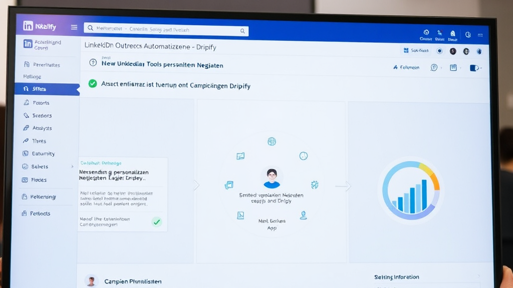 Ein Bildschirm zeigt eine Benutzeroberfläche für LinkedIn Outreach Automatisierung mit Tools wie Sales Navigator und Dripify. Darunter sind Diagramme, die den Prozess des Versendens von personalisierten Nachrichten und die Analyse von Kampagnenergebnissen veranschaulichen. Rundum schwebende Icons symbolisieren Effizienz, Interaktion und Conversion-Optimierung.