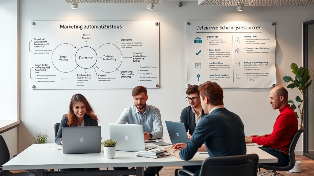 Ein modernes Büro mit einem Team von Fachleuten, die an Laptops arbeiten und Marketingautomatisierungstools nutzen. An einer Wand ist ein Diagramm mit Best Practices und Schulungsressourcen sichtbar. Ein Flipchart zeigt Strategien zur Datenpflege und Toolauswahl. Eine motivierende Atmosphäre unterstützt die kontinuierliche Weiterbildung.