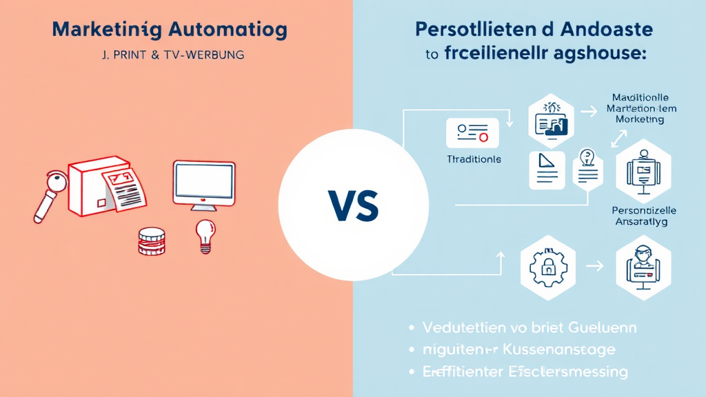 Ein Vergleichsdiagramm zeigt die Unterschiede zwischen Marketing Automation und traditionellem Marketing. Links sind traditionelle Marketingmethoden wie Print- und TV-Werbung abgebildet, verbunden mit wenig Interaktion. Rechts illustrieren digitale Grafiken automatisierte Prozesse und personalisierte Ansprache durch Datenanalyse. Pfeile verdeutlichen den Übergang von breiten Zielgruppen zu gezielter Kundenansprache und effektiver Erfolgsmessung.