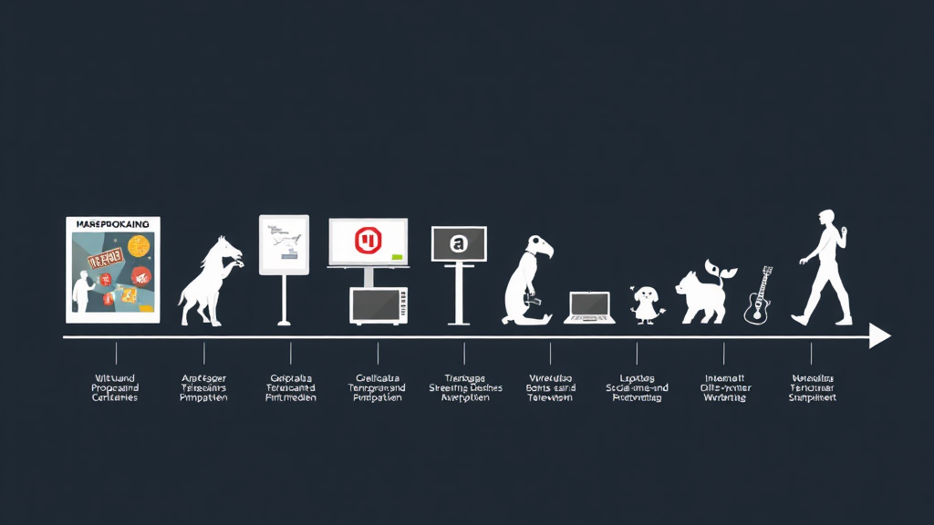 Ein visuelles Zeitdiagramm zeigt die Evolution des Marketings über die Jahre. Es beginnt mit Mundpropaganda und Schaufensterschildern, gefolgt von Billboards und Printmedien. Der Übergang zu Fernsehen wird durch ein Fernsehgerät dargestellt, während Streaming-Dienste und Internet durch Laptops und Smartphone-Symbole symbolisiert werden. Pfeile zeigen den Fortschritt in Richtung sozialer Medien und KI-gestützter Werbung.