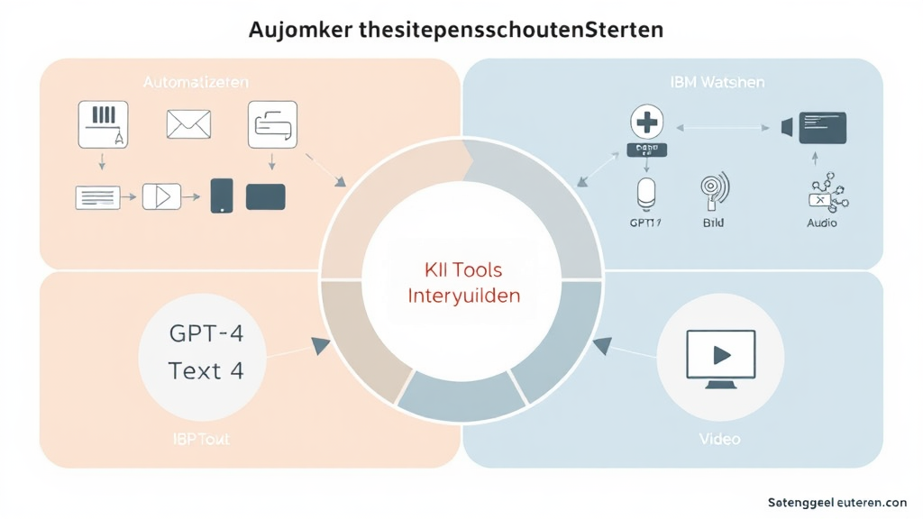 Ein Grafikdesign illustriert die Integration von KI-gestützter Inhaltserstellung in Unternehmensstrategien. Im Vordergrund sind KI-Tools wie GPT-4 und IBM Watson abgebildet, umgeben von Symbolen für Text, Bild, Audio und Video. Im Hintergrund zeigen Diagramme, wie Automatisierung die Produktivität steigert und die Inhaltsqualität verbessert.