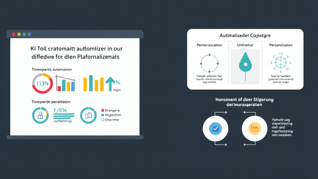 Ein Grafiker erstellt mit einem KI-Tool automatisiert Inhalte für verschiedene Plattformen. Der Bildschirm zeigt Statistiken zur Zeitersparnis durch Automatisierung und eine Übersicht über kostensparende Vorteile. Unten sind Diagramme zu Konsistenz und Personalisierung dargestellt. Der Fokus liegt auf der Steigerung der Effizienz und Nutzererfahrung in der Inhaltserstellung.