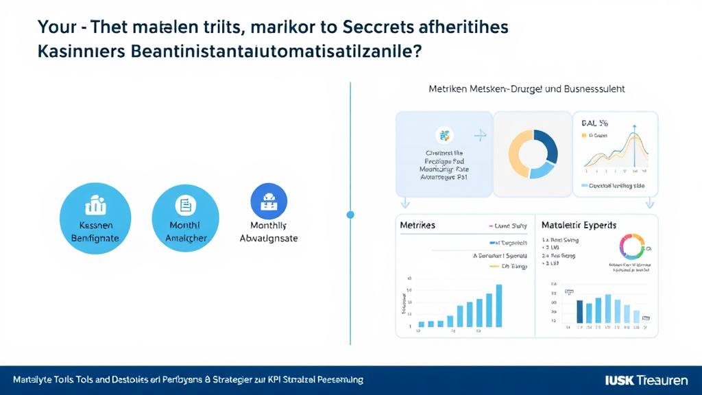 Ein Diagramm zeigt die wichtigsten Metriken zur Messung des Erfolgs von Kundenbindungsautomatisierung. Links sind Symbole, die die Kundenbindungsrate und monatliche Abwanderungsrate darstellen, während rechts analytische Tools und Dashboards zur KPI-Überwachung abgebildet sind. Grafiken verdeutlichen den Zusammenhang zwischen Strategien und Geschäftserfolg.