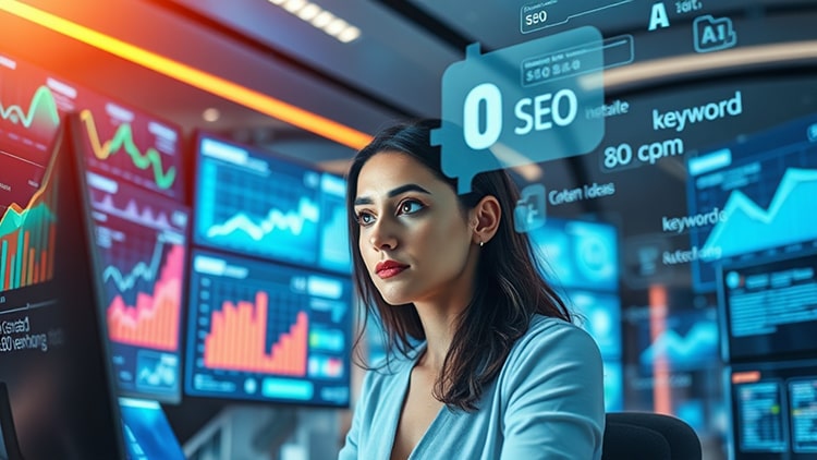 Eine Frau analysiert in einem modernen Datenzentrum SEO-Metriken auf mehreren Bildschirmen. Keywords, Traffic-Daten und Rankings werden visuell dargestellt – Symbol für datengetriebene Blog-Automatisierung im SEO-Bereich.