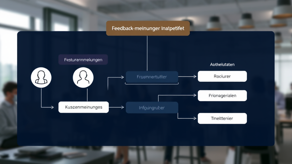Darstellung eines automatisierten Feedback-Systems in einem Unternehmen, das Kundenmeinungen erfasst, analysiert und an verschiedene Abteilungen weiterleitet.