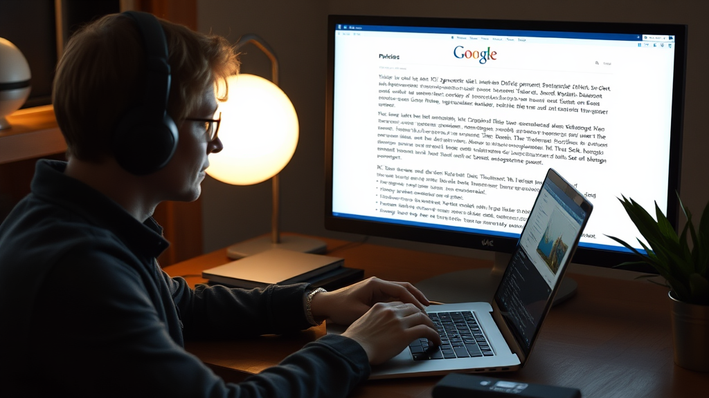 Eine Person arbeitet an einem Laptop, analysiert KI-generierte Inhalte und überprüft deren Qualität für das SEO-Blogging, um Leserbindung sicherzustellen.