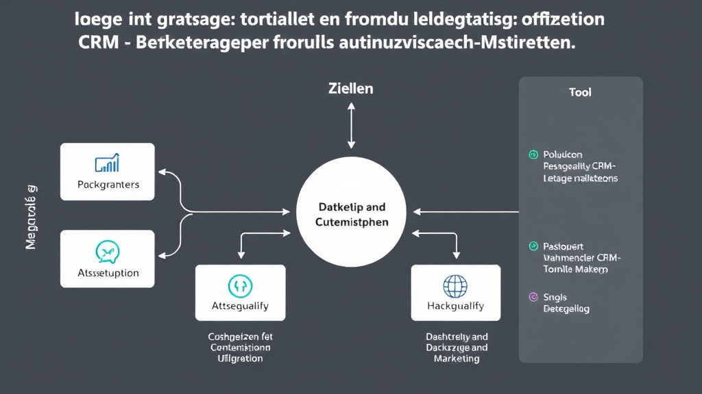 Grafik, die die Integration von CRM-Systemen und Marketing-Automatisierung zeigt, mit Flussdiagramm, Zielen, Tools, Datenqualität und Datenschutzmaßnahmen.