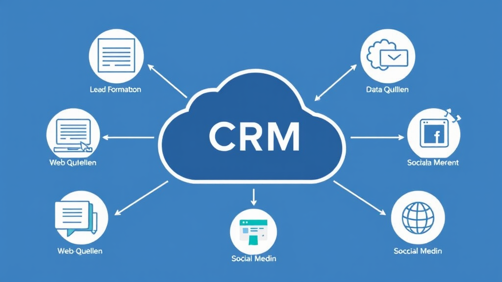 Grafik eines CRM-Systems, das mit verschiedenen Lead-Quellen wie Webformularen und sozialen Medien verbunden ist, um Daten zu zentralisieren und Workflows zu automatisieren.