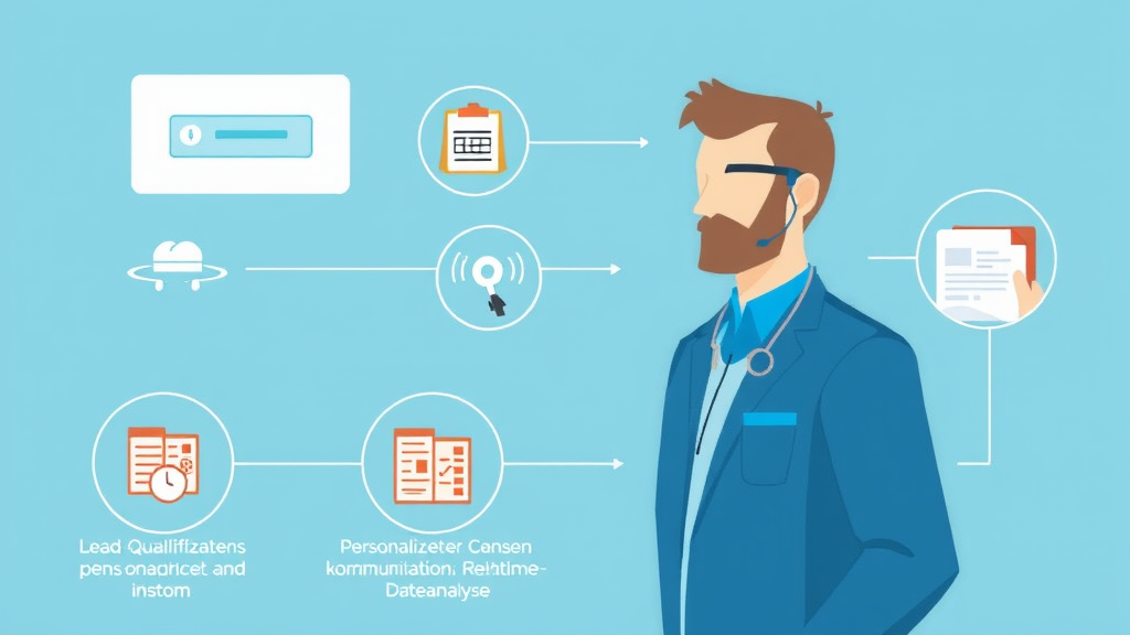 Grafik eines KI-Agenten, der in ein CRM-System integriert ist, mit Darstellungen von Lead-Qualifizierung, personalisierter Kundenkommunikation und Echtzeit-Datenanalyse.