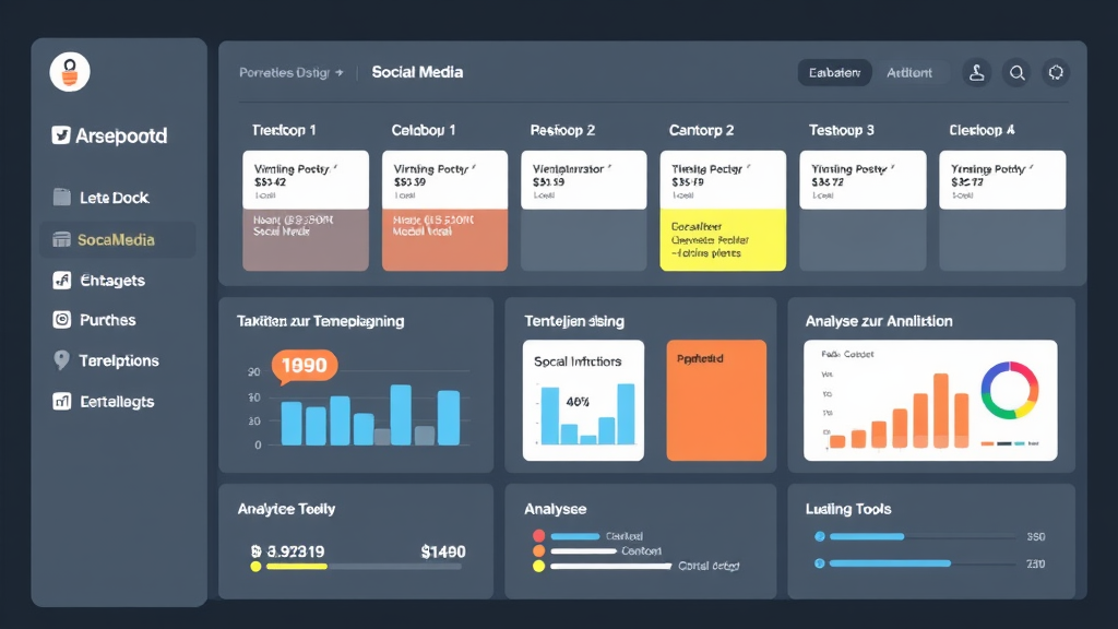 Grafik eines Social Media Dashboards mit einer geplanten Posting-Zeitleiste, Taktiken zur Zeitplanung und Analyse-Tools zur Leistungsmessung.