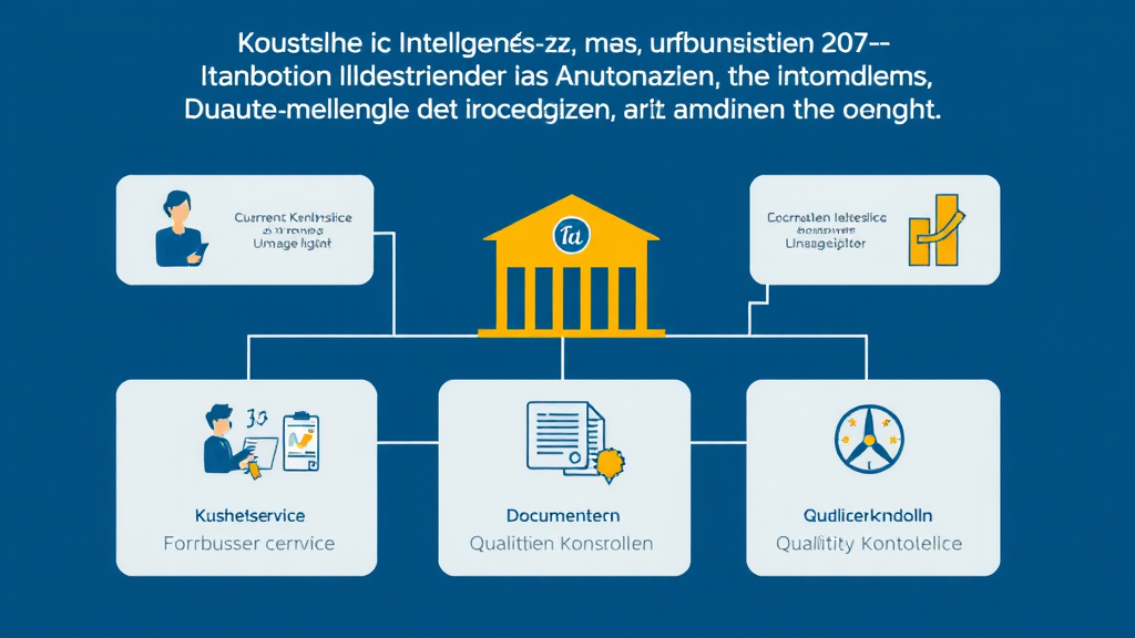 Grafik eines Unternehmens, das Künstliche Intelligenz zur Automatisierung von Prozessen einsetzt, mit Illustrationen für Kundenservice, Dokumentenverarbeitung und Qualitätskontrolle.