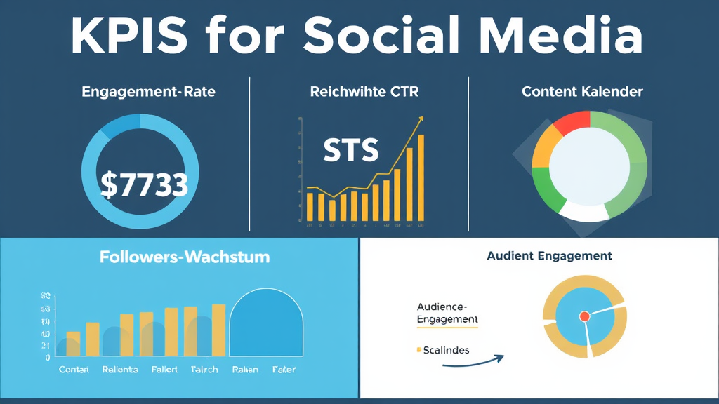 Grafik mit einer Darstellung von KPIs für Social Media: Engagement-Rate, Reichweite, CTR und Follower-Wachstum, ergänzt durch Diagramme zu Audience-Engagement und einem Content-Kalender.