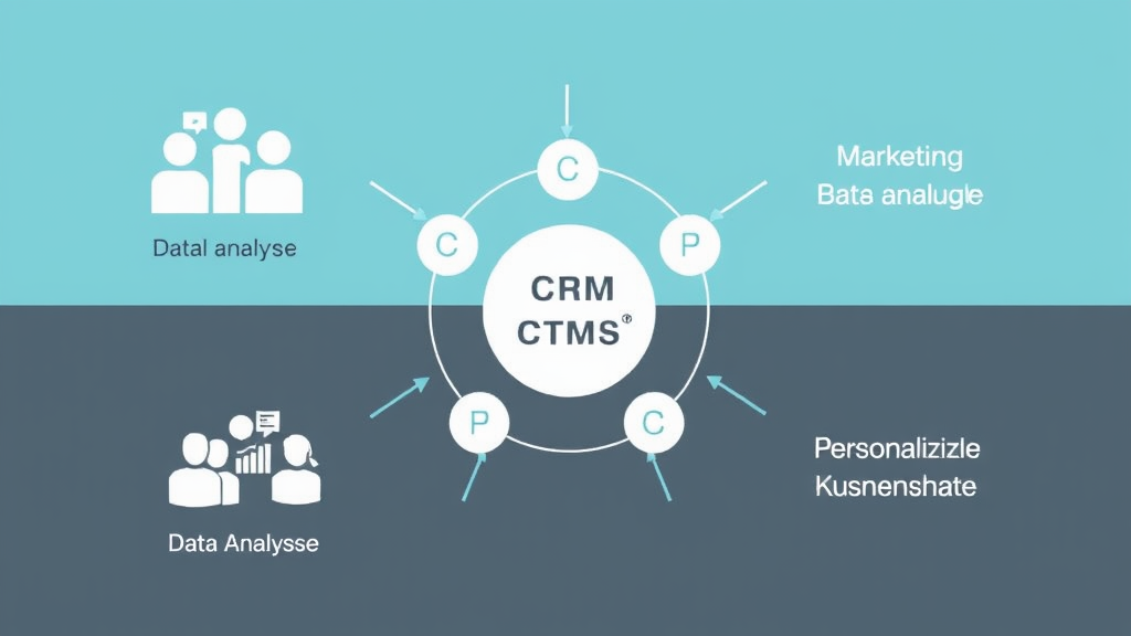 Grafische Darstellung eines integrierten CRM- und Marketing-Automatisierungssystems mit Symbolen für Zusammenarbeit, Datenanalyse und personalisierte Kundenansprache.