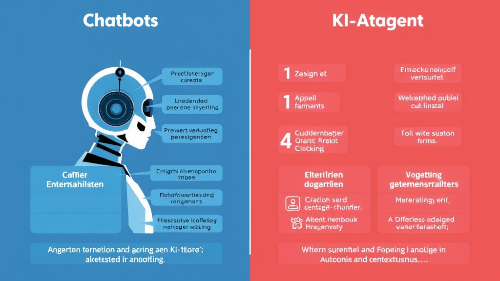 Grafische Gegenüberstellung von Chatbots und KI-Agenten, die ihre Funktionen, Einsatzmöglichkeiten und Unterschiede in Autonomie und Kontextverständnis zeigt.
