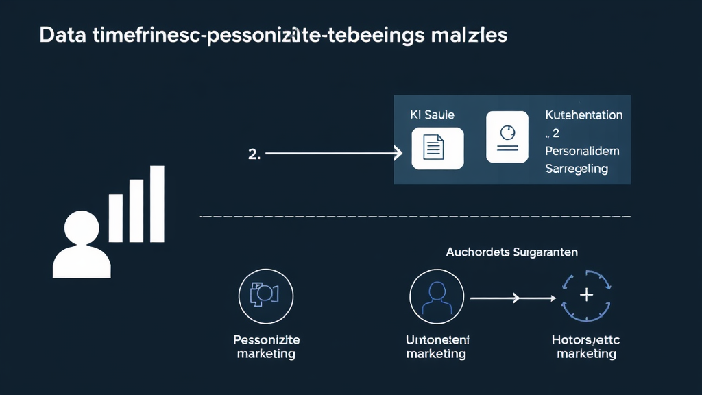 Illustration eines Datenanalyse-Prozesses mit KI, der personalisierte Kundenprofile erstellt, sowie Diagramme zu Kundenbindung und vorhersagendem Marketing.