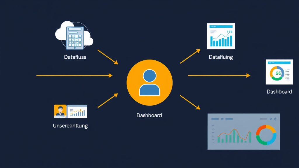 Illustration eines automatisierten Kunden-Onboarding-Prozesses, der Datenfluss zwischen Kunde und Software zeigt, mit Dashboards für die Nutzererfahrung und Effizienzsteigerung.