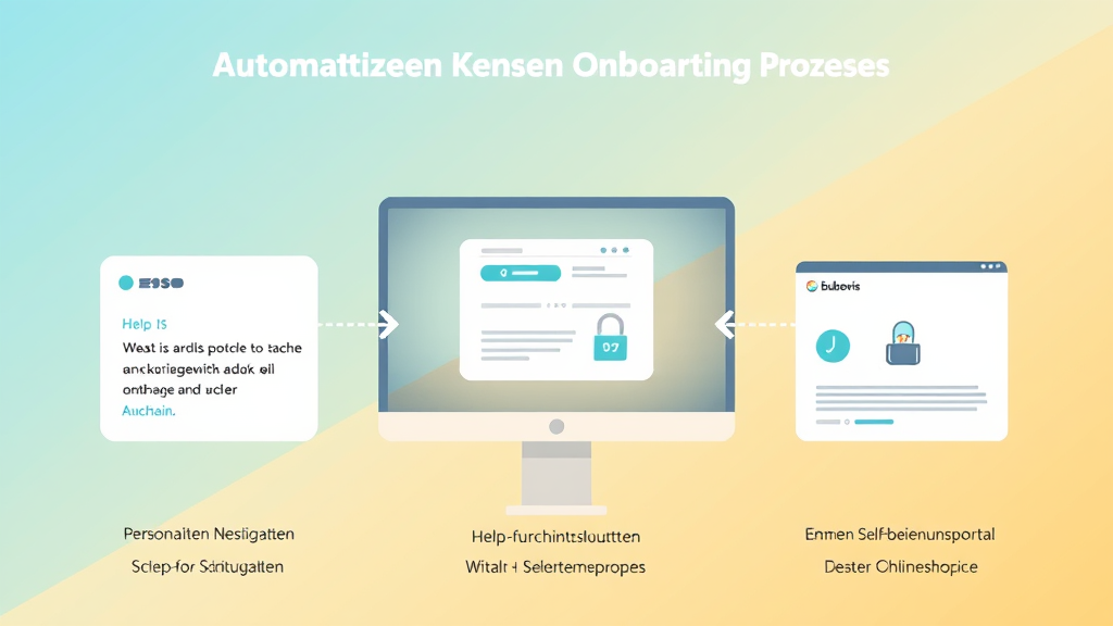 Illustration eines automatisierten Kunden-Onboarding-Prozesses mit personalisierten Nachrichten, Schritt-für-Schritt-Anleitungen und einem Selbstbedienungsportal zur Verbesserung der Kundenerfahrung.