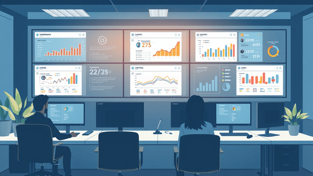 Illustration eines modernen Marketing-Büros mit Screens, die ChatGPT-Analysen zeigen, während Mitarbeiter an personalisierten E-Mail-Kampagnen und Influencer-Marketing arbeiten.