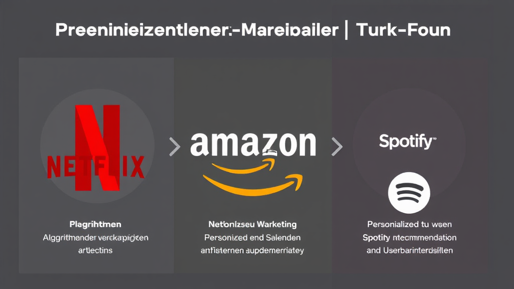 Illustration von Personalisierten Marketingstrategien, die Netflix, Amazon und Spotify zeigen, inklusive Algorithmen, personalisierten Empfehlungen und Nutzerinteraktionen.