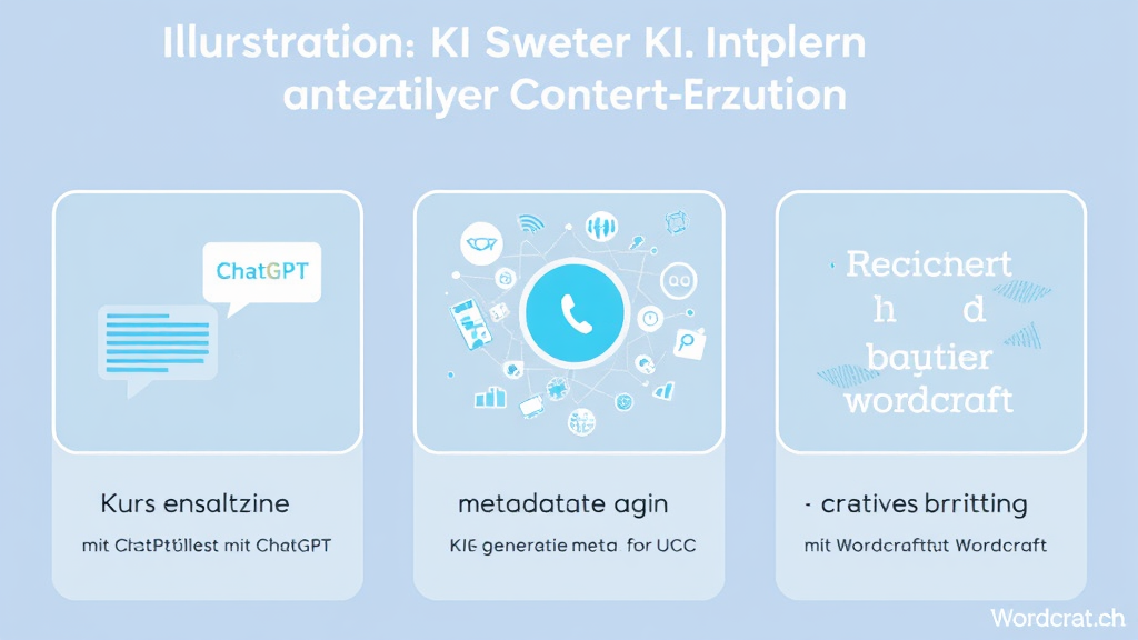 Illustration von drei Anwendungsbeispielen für KI in der Content-Erstellung: Kursentwicklung mit ChatGPT, KI-generierte Metadaten für UGC und kreatives Schreiben mit Wordcraft.
