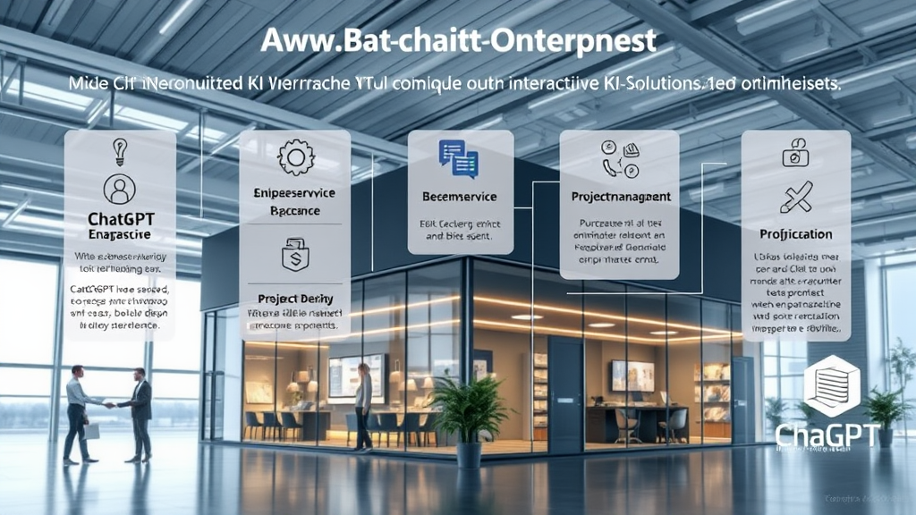Visualisierung eines Unternehmens mit ChatGPT-Integration, zeigt verschiedene Geschäftsbereiche wie Kundenservice, Marketing und Projektmanagement, durch interaktive KI-Lösungen optimiert.
