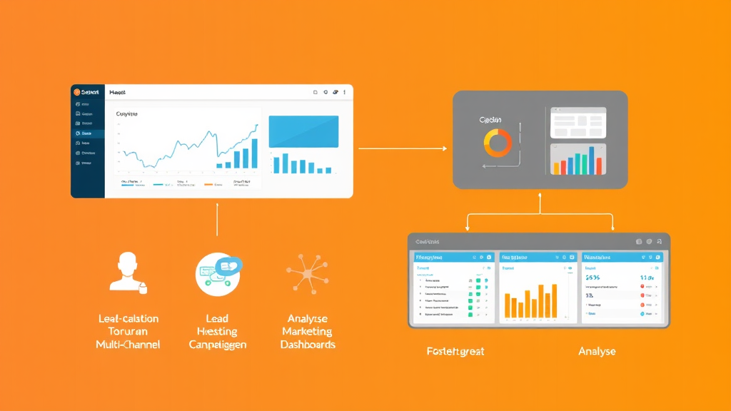 Visuelle Darstellung einer Marketing-Automation-Software mit Funktionen zur Lead-Erfassung, Segmentierung, Multi-Channel-Kampagnen und Analyse-Dashboards.