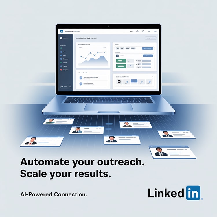 Ein Laptop mit einer detaillierten Outreach-Software zeigt automatisch generierte LinkedIn-Kontakte. Text: „Automate your outreach. Scale your results. AI-Powered Connection“.