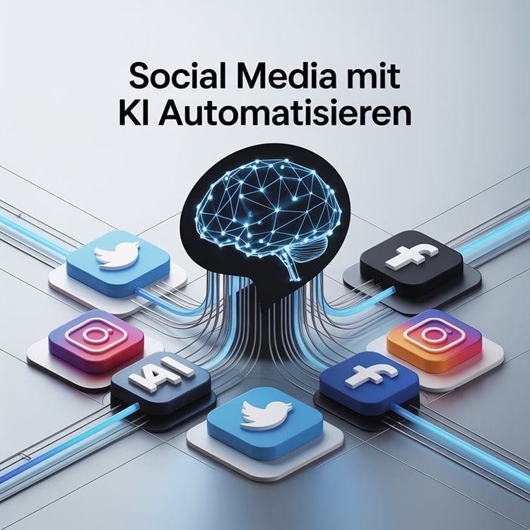 Eine stilisierte KI-Hirnstruktur ist mit mehreren Social-Media-Plattformen verbunden, darunter Facebook, Instagram und Twitter – Symbol für die intelligente Automatisierung von Social Media durch Künstliche Intelligenz.