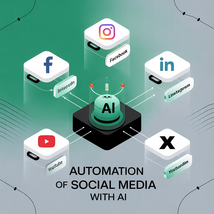 Eine zentrale KI-Einheit steuert die Automatisierung von Social Media Plattformen wie Facebook, Instagram, LinkedIn, YouTube und X – verbunden über digitale Datenleitungen.