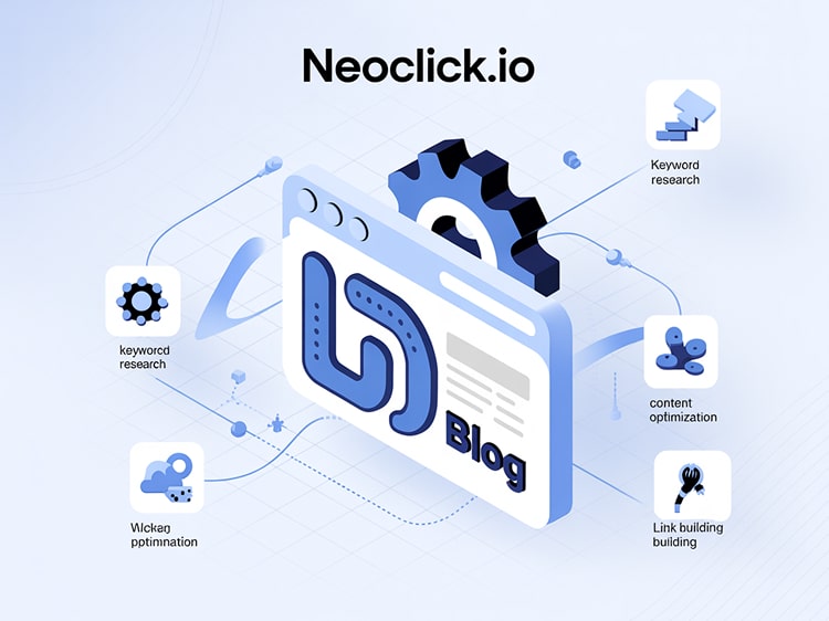 Illustration eines Blog-Fensters mit Zahnrad und Symbolen für Keyword-Recherche, Content-Optimierung, Linkbuilding und weiteren SEO-Komponenten – visuelle Darstellung der SEO Blog Automatisierung mit neoclick.io.