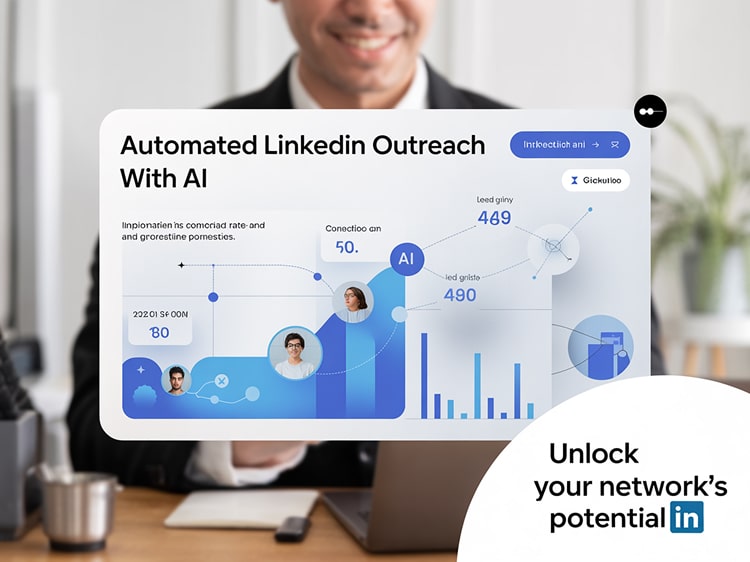 Ein Business-Professional sitzt vor einem Laptop mit einer grafischen Benutzeroberfläche für automatisiertes LinkedIn Outreach mittels KI. Text: „Automated LinkedIn Outreach With AI“ und „Unlock your network’s potential“.