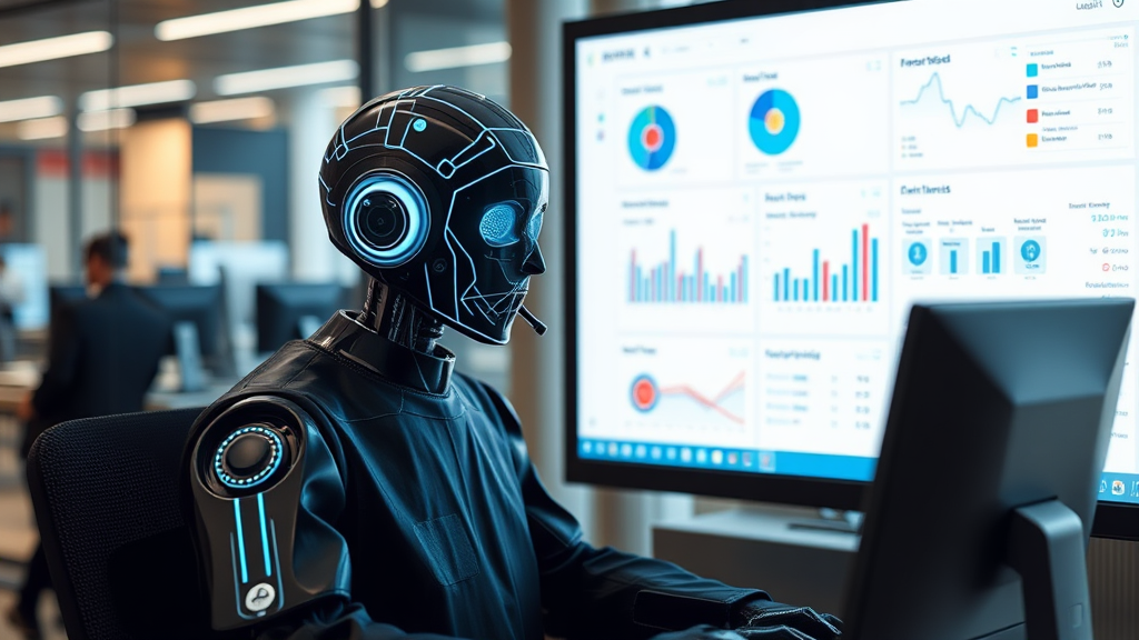AI-Agent im Einsatz im Kundenservice, der Kundenanfragen bearbeitet, mit Dashboard für Echtzeit-Analysen und Chatbot-Interaktionen auf dem Bildschirm.