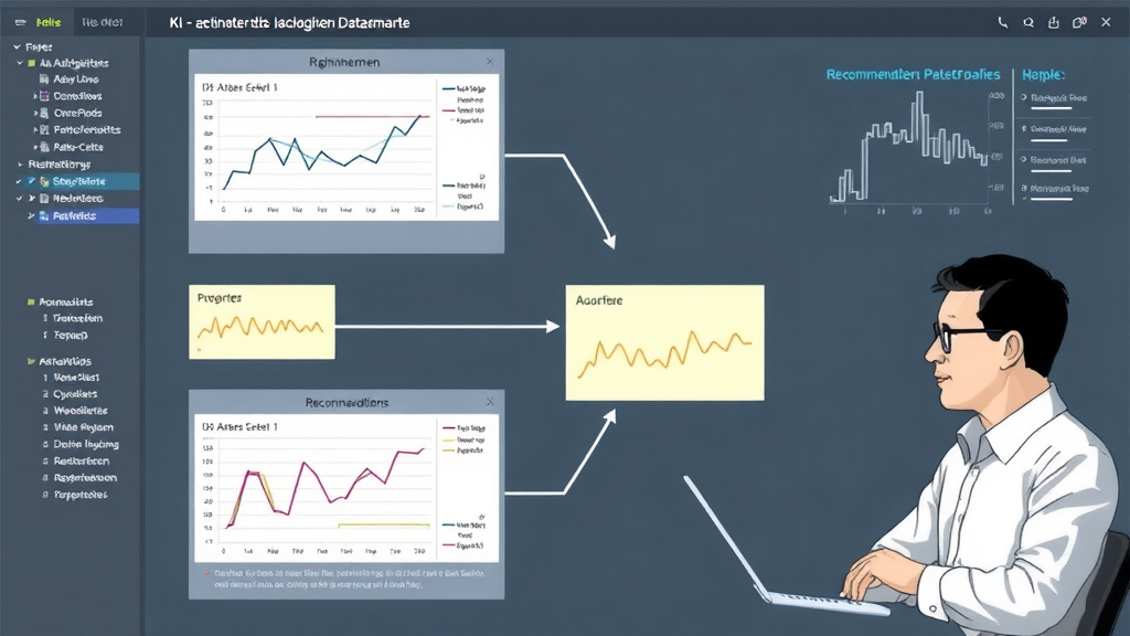 Darstellung einer KI-gestützten Datenanalyse-Plattform mit Diagrammen, die Echtzeit-Daten visualisieren, und einem Mitarbeiter, der Empfehlungen überprüft.