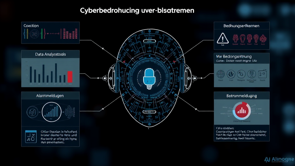 Darstellung eines AI-Agenten, der Cyberbedrohungen überwacht, mit grafischen Elementen für Datenanalysetools, Alarmmeldungen und Bedrohungserkennung.