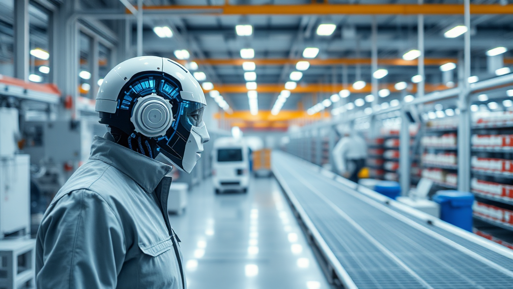 Darstellung eines KI-Agenten in einer modernen Fertigungshalle, der die Produktionsabläufe optimiert und automatisierte Entscheidungen auf Basis von Echtzeitdaten trifft.
