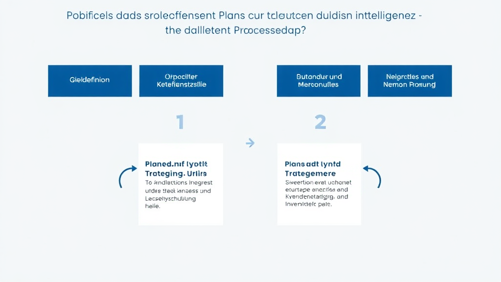 Darstellung eines strategischen Plans zur Integration von Künstlicher Intelligenz in Marketingprozesse mit Schritten wie Zieldefinition, Datenanalyse und Mitarbeiterschulung.