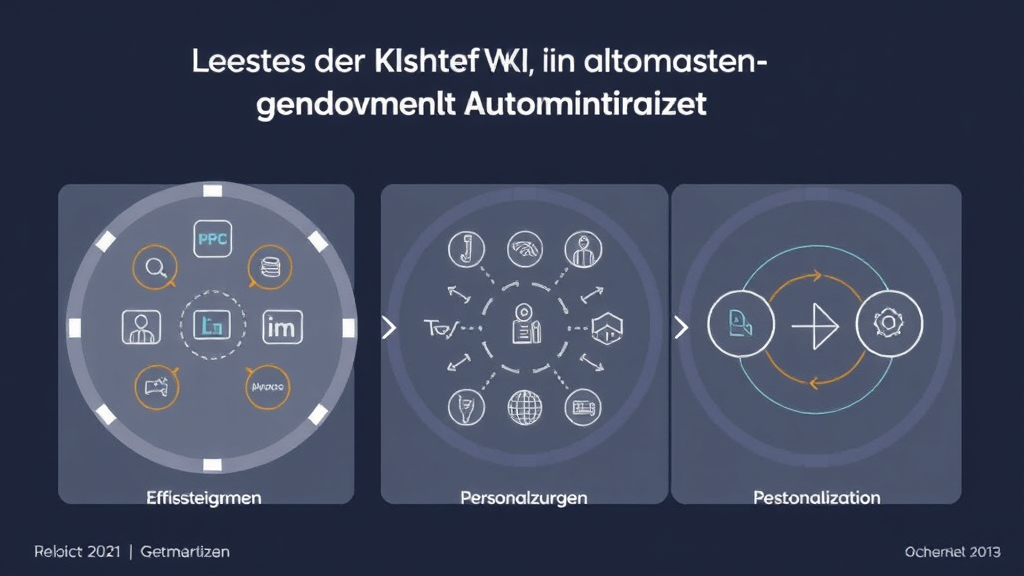 Grafik, die den Einsatz von KI in der Marketing-Automatisierung zeigt, mit Diagrammen für Effizienzsteigerung, Personalisierung und Echtzeit-Optimierung.
